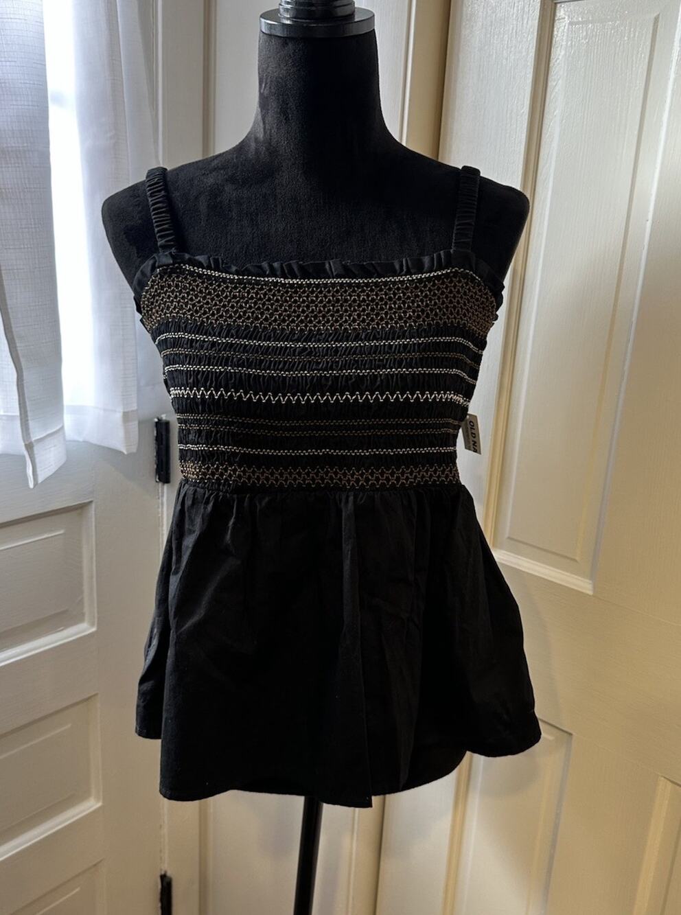 Old Navy Smocked Babydoll Tank Top Large Black/Brown Cotton Boho Festival NEW